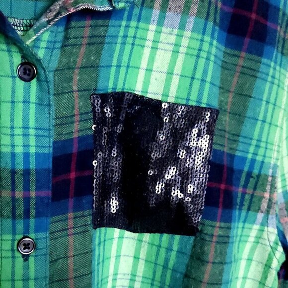 Arizona Girls Green Plaid Flannel With Sequin Pocket XL 16 - Picture 3 of 5